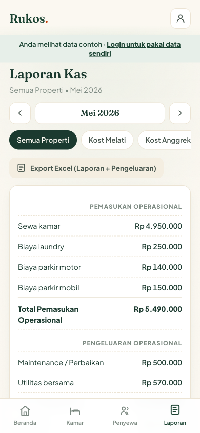Laporan kas dengan breakdown pemasukan dan pengeluaran